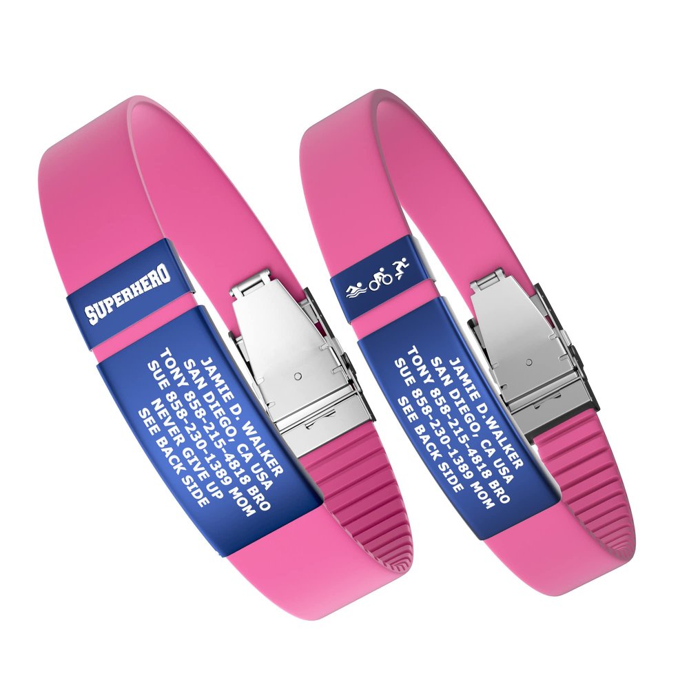 Divoti Custom Engraved Medical Alert ID Band, Double-Sided Emergency Contact Silicone WristbandICE Info, Phone Unlock Code&Allergy Note, Personalized Safety Alert -PVD Blue/Vivid Pink/13