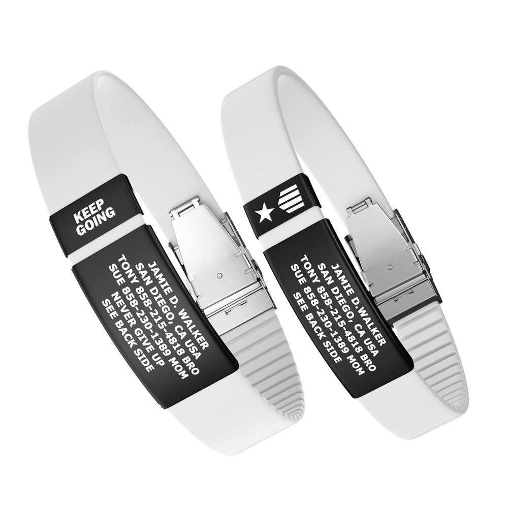 Divoti Custom Engraved Medical Alert ID Band, Double-Sided Emergency Contact Silicone WristbandICE Info, Phone Unlock Code&Allergy Note, Personalized Safety Alert -PVD Black/White/13