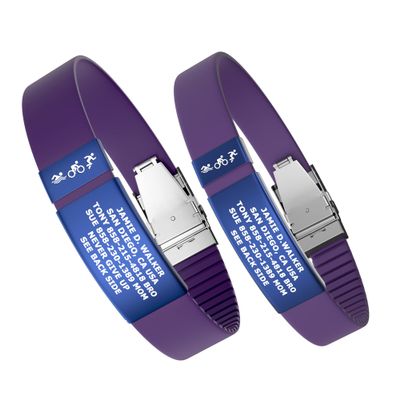 Divoti Custom Engraved Medical Alert ID Band, Double-Sided Emergency Contact Silicone WristbandICE Info, Phone Unlock Code&Allergy Note, Personalized Safety Alert -PVD Blue/Romantic Purple/13