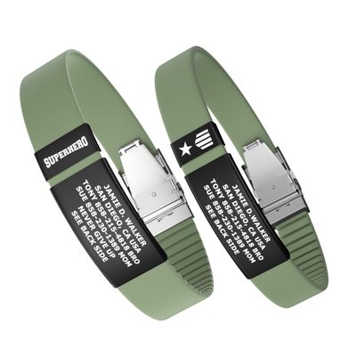 Divoti Custom Engraved Medical Alert ID Band, Double-Sided Emergency Contact Silicone WristbandICE Info, Phone Unlock Code&Allergy Note, Personalized Safety Alert -PVD Black/Green Mint/13