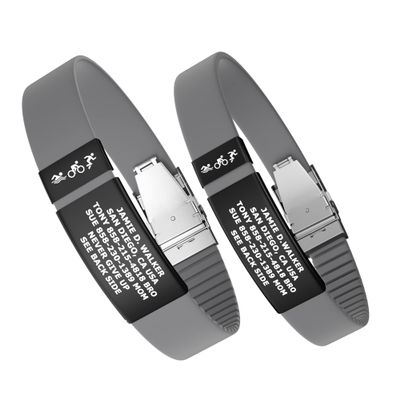 Divoti Custom Engraved Medical Alert ID Band, Double-Sided Emergency Contact Silicone WristbandICE Info, Phone Unlock Code&Allergy Note, Personalized Safety Alert -PVD Black/Concrete Gray/13