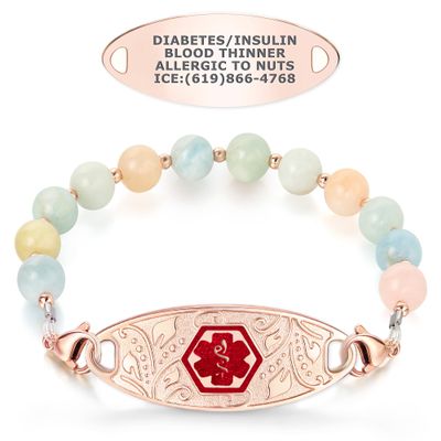 Divoti Morganite Beaded Medical Alert Bracelet with Filigree Tag and Free Engraving-TP Red-6.5"