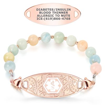 Divoti Custom Engraved Medical Bracelet for Women | 8.5" Morganite Beaded Chain with Lobster Claw | Stainless Steel Filigree Pendant Tag | Horizontally Connected, Interchangeable - (White Caduceus)
