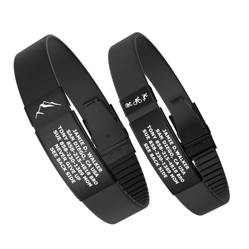 Divoti Custom Engraved Medical Alert ID Band, Double-Sided Emergency Contact Silicone WristbandICE Info, Phone Unlock Code&Allergy Note, Personalized Safety Alert -PVD Black/Black/13