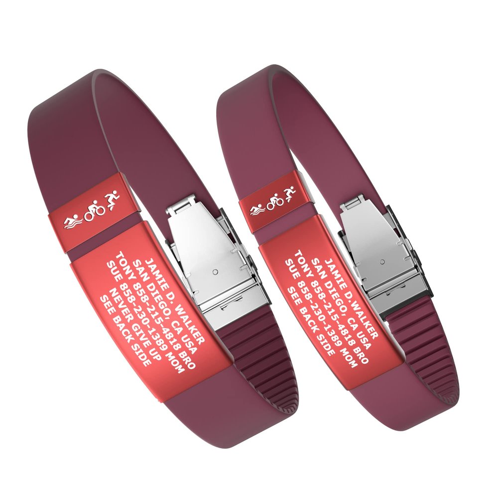 Divoti Custom Engraved Medical Alert ID Band, Double-Sided Emergency Contact Silicone WristbandICE Info, Phone Unlock Code&Allergy Note, Personalized Safety Alert -PVD Red/Wine Red/13