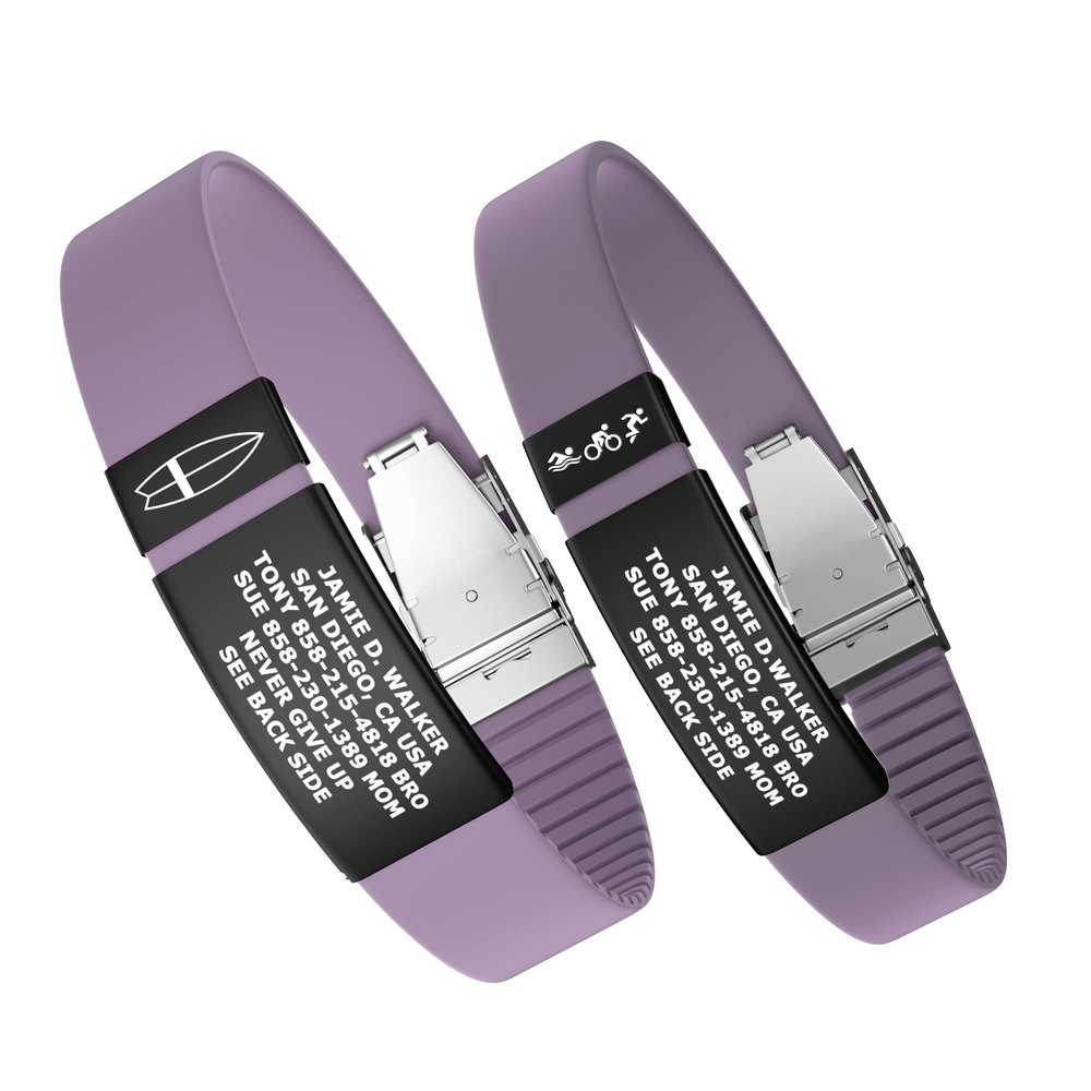 Divoti Custom Engraved Medical Alert ID Band, Double-Sided Emergency Contact Silicone WristbandICE Info, Phone Unlock Code&Allergy Note, Personalized Safety Alert -PVD Black/Purple Rose/13