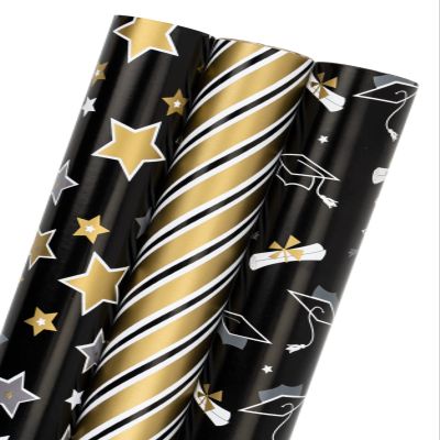 MAYPLUSS Graduation Gift Wrapping Paper Roll - 17in x 120in Per Roll - Black Gold Foil Star, Stripe & Graduation Cap Gift Wrap Paper Sheets for Party, High School, College, Annusarily Back to School