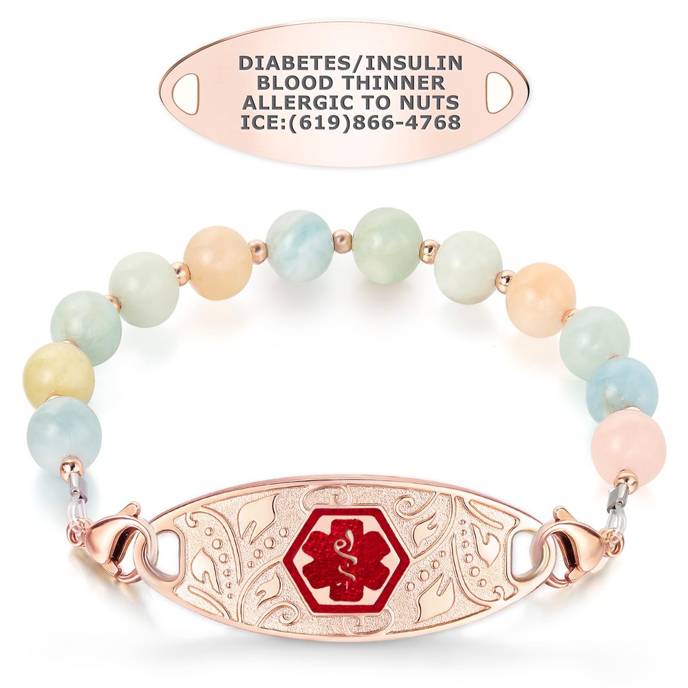 Divoti Custom Engraved Medical Bracelet for Women | 8.5" Morganite Beaded Chain with Lobster Claw | Stainless Steel Filigree Pendant Tag | Horizontally Connected, Interchangeable - (Red Caduceus)