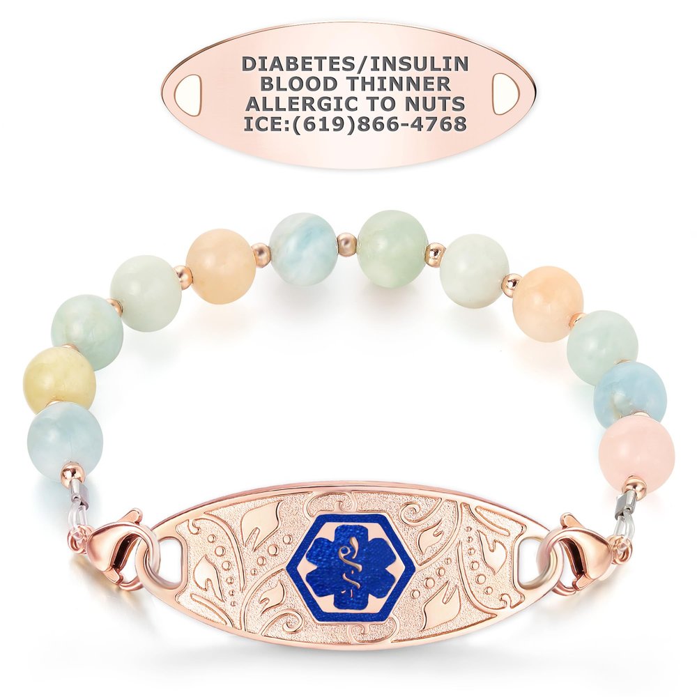 Divoti Custom Engraved Medical Bracelet for Women | 7.5" Morganite Beaded Chain with Lobster Claw | Stainless Steel Filigree Pendant Tag | Horizontally Connected, Interchangeable - (Blue Caduceus)