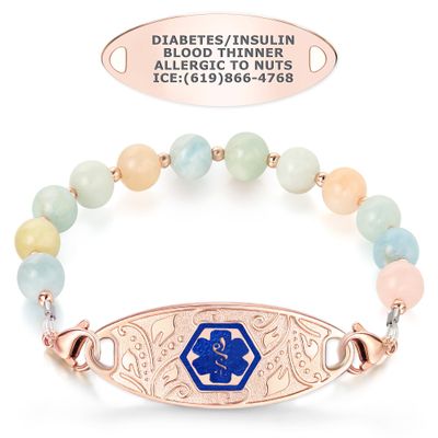 Divoti Custom Engraved Medical Bracelet for Women | 6.5" Morganite Beaded Chain with Lobster Claw | Stainless Steel Filigree Pendant Tag | Horizontally Connected, Interchangeable - (Blue Caduceus)