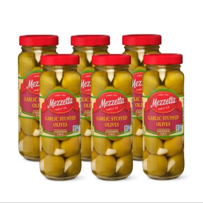 Mezzetta Garlic Stuffed Olives - Greek Green Olives with Fresh Garlic from California - Savory Flavor for Grilled Steak and Appetizers - 100% Natural Gourmet Snack Non-GMO - 6 Oz Jar - Pack of 6