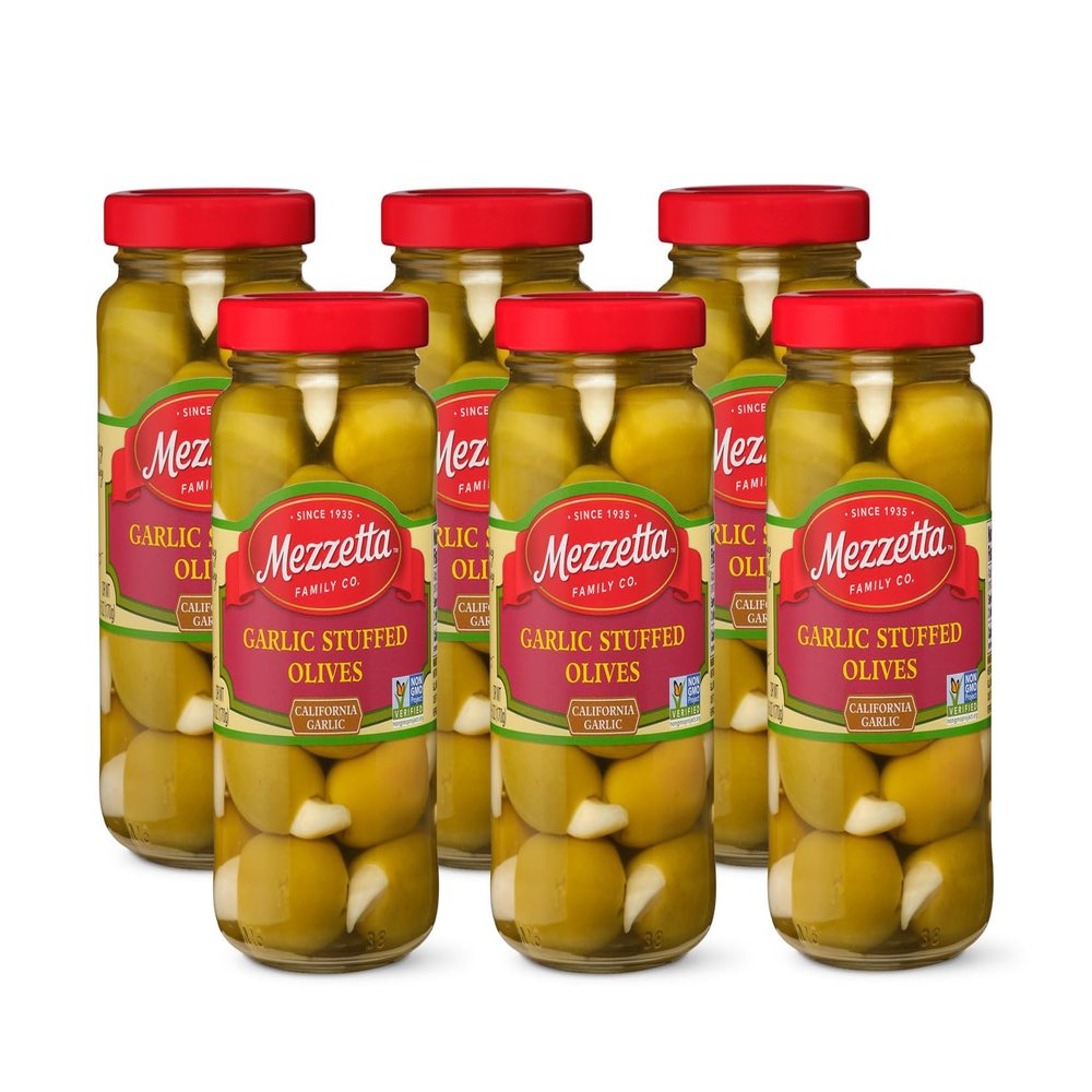 Mezzetta Garlic Stuffed Olives - Greek Green Olives with Fresh Garlic from California - Savory Flavor for Grilled Steak and Appetizers - 100% Natural Gourmet Snack Non-GMO - 6 Oz Jar - Pack of 6
