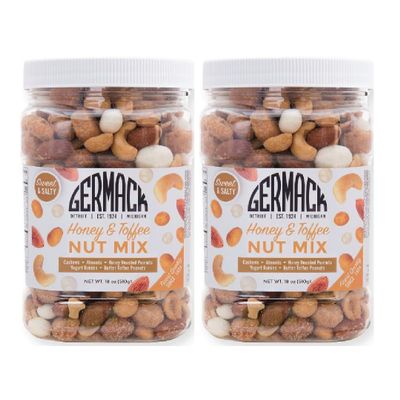 Germack Pistachio Company, Honey Nut & Toffee Snack Mix, Yogurt Raisins, Butter Toffee Peanuts, Honey Roasted Peanuts, Almonds, Cashews 18 oz Plastic Jar, Set of 2