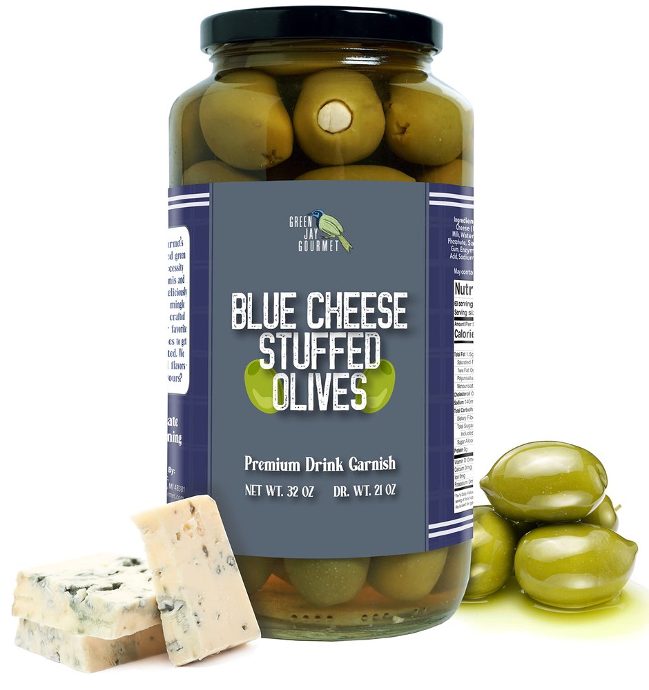 Green Jay Gourmet Blue Cheese Stuffed Olives  Cheese Stuffed Green Olives for Cocktail Garnish & Cheese Board  Dirty Martini Olives  Gourmet Olives  All Natural  Large  32 Ounces