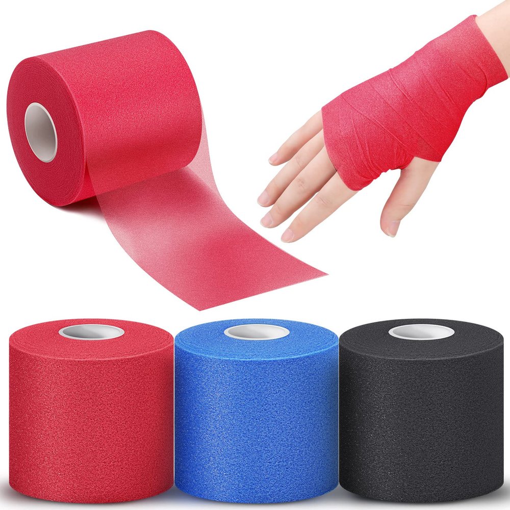 3 Rolls Pre Wrap Tape 2.75 Inch x 90 Yards Athletic Foam Underwrap Sports Pre Headbands for Hair Ankle Wrists Knees Sports(Red, Blue, Black)