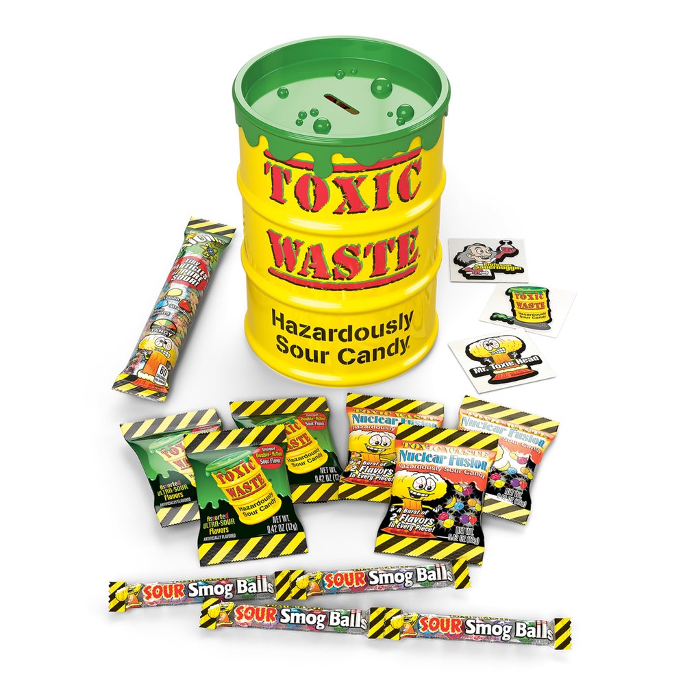 Toxic Waste Giant Coin Bank, Assorted Sour Candy Variety Mix, 5.86 oz Jar