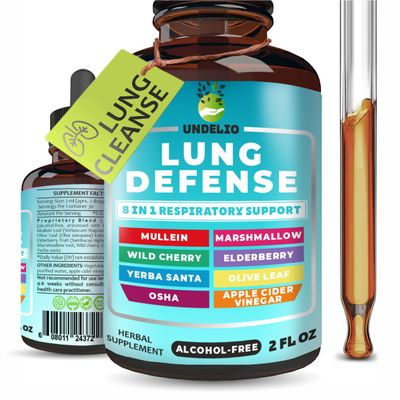 8 in 1 Lung Defense Herbal Extract, Blend (Mullein-Marshmallow-OSHA-Wild Cherry-Elderberry-Yerba Santa-Olive Leaf-ACV) Lung Cleanse, Respiratory & Immune System Support. Liquid Supplement 2 OZ