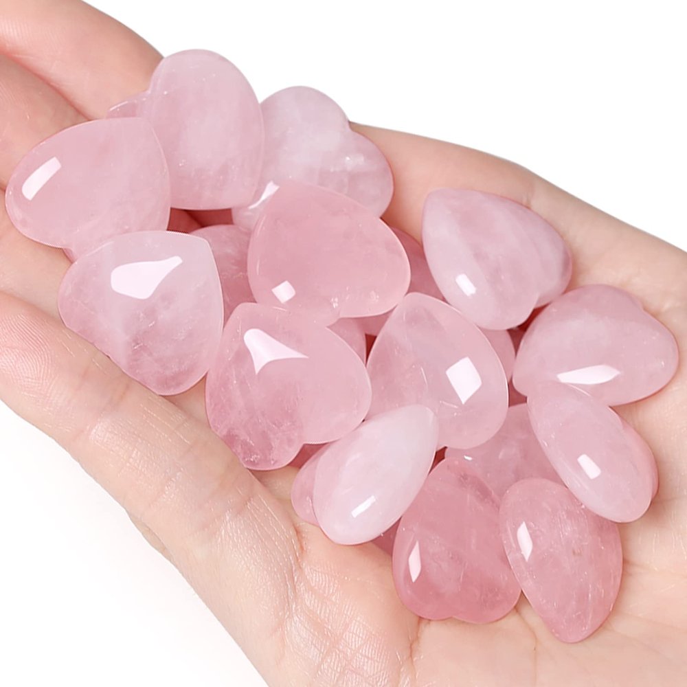 10 PCS Rose Quartz Crystals Heart Decor Stones Thick Polished Cute Mini Pocket Stones Hand Carved Palm Gemstones Set Bulk Wholesale Pink Gift Reiki Energy Balancing Meditation Valentine's Day Gift Decor for women