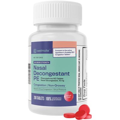 WELMATE - Nasal Decongestant PE - Phenylephrine HCl 10 mg - Maximum Strength - Sinus Relief - for Cold & Allergies - Non-Drowsy - Antihistamine - Pain Relief - Decongestants for Adults - 200 Tablets