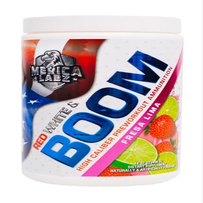 'Merica Labz Red, White, and Boom, High Caliber Pre Workout with VasoDrive-AP, 350mg Caffeine, Max Energy, Pump and Focus, Increased Blood Flow and Muscle Volume, 20 Servings (Fresa Lima)