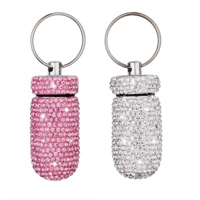 2 Pack Bling Crystal Rhinestones Waterproof Pocket Keychain Pill HolderPortable Mini Aluminium Alloy Pill Organizer Case Container to Hold Vitamins for Outdoor Camping TravelSilver,Pink