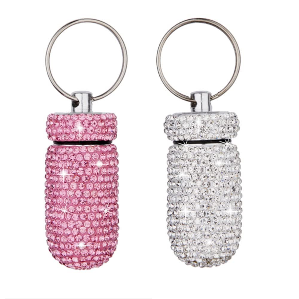 2 Pack Bling Crystal Rhinestones Waterproof Pocket Keychain Pill HolderPortable Mini Aluminium Alloy Pill Organizer Case Container to Hold Vitamins for Outdoor Camping TravelSilver,Pink