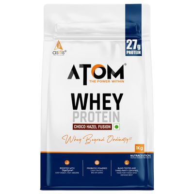 AS-IT-IS Atom Whey Protein 1kg/35.2 Oz With Digestive Enzymes | Usa Labdoor Certified for Accuracy & Purity | Choco Hazel Fusion Flavor | 27g Protein | 5.7g Bcaa