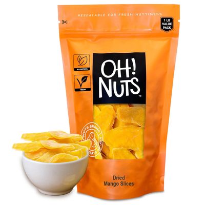 Oh! Nuts Dried Mango - 1 lb - Dried Fruit Slices - Less Sugar Added - Dehydrated Fruit Bites - Packed in New York Zip-Seal Bag for Exceptional Freshness
