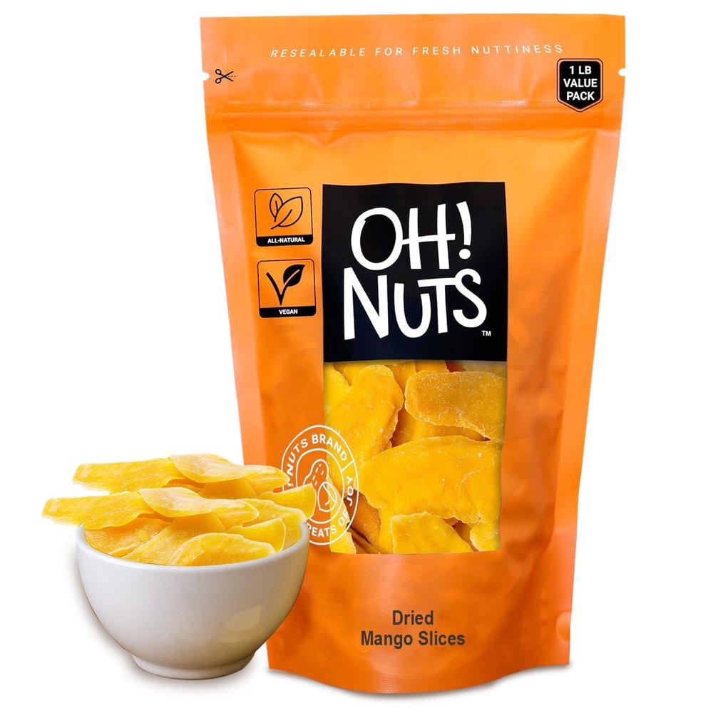 Oh! Nuts Dried Mango - 1 lb - Dried Fruit Slices - Less Sugar Added - Dehydrated Fruit Bites - Packed in New York Zip-Seal Bag for Exceptional Freshness