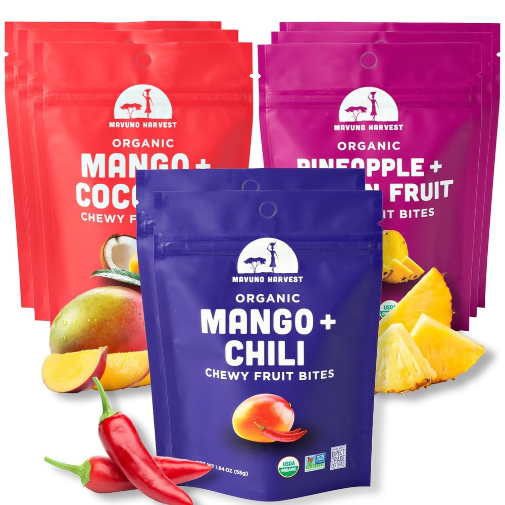 Mavuno Harvest Organic Fruit Snacks - Chewy Fruit Bites - Fiber-Rich & Healthy Food for Kids & Adults - Ethically Sourced, Non-GMO, No Preservatives - Variety Pack - 1.94-oz. Snack Packs, Pack of 8