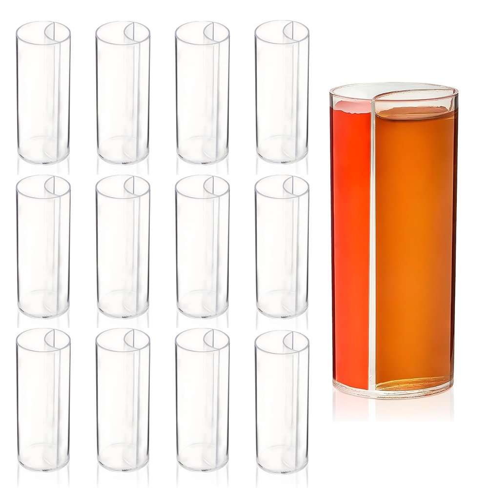 Split Shooters Divided Test Tube Plastic Shot Glasses  Clear Plastic Jager Bomb Chaser Shot Glass Glasses Cups  Fun Unique Glasses for Events Birthday Bachelor Bachelorette Parties - Set of 12