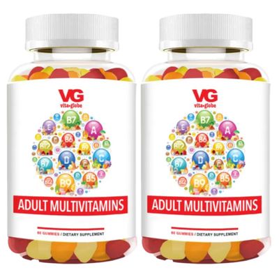 VITA GLOBE Adult Multivitamin Gummies  9 Daily Vitamins with C, D, E, B6, B12, Folate & Biotin | Delicious Juicy Trio Orange, Peach & Strawberry  Simple. Sweet. Daily.  120 Gummies (Pack of 2)