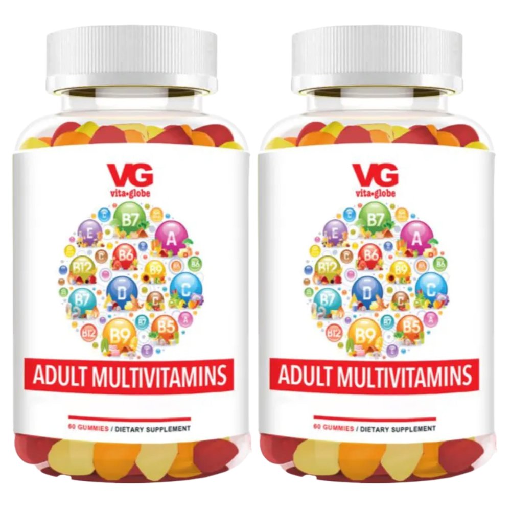 VITA GLOBE Adult Multivitamin Gummies  9 Daily Vitamins with C, D, E, B6, B12, Folate & Biotin | Delicious Juicy Trio Orange, Peach & Strawberry  Simple. Sweet. Daily.  120 Gummies (Pack of 2)