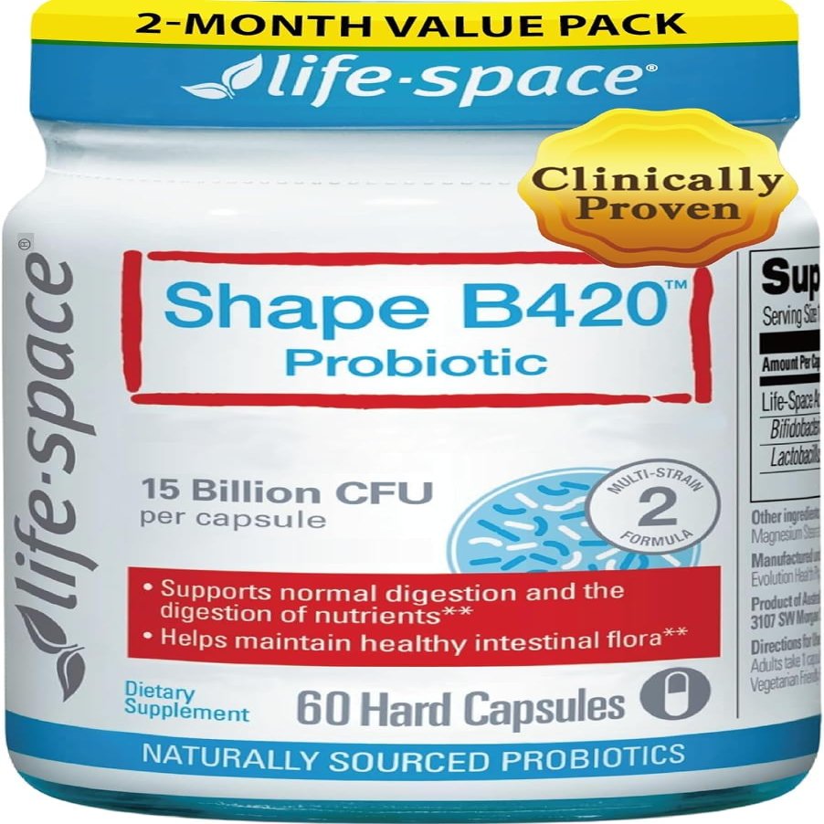 Life-Space Shape B420 Probiotics for Shape Better, GLP-1 Boost, 2 Month Serving, Clinically Backed Metabolism Support, Prebiotic + Probiotic for Women and Men, 60 Vegetarian Capsules