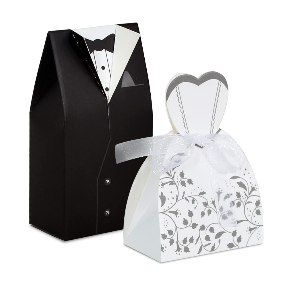 BEISHIDA Small Wedding Party, Bride and Groom Candy Boxes for Bridal Shower Decorations Dress and Tuxedo Favor Boxes 50pcs