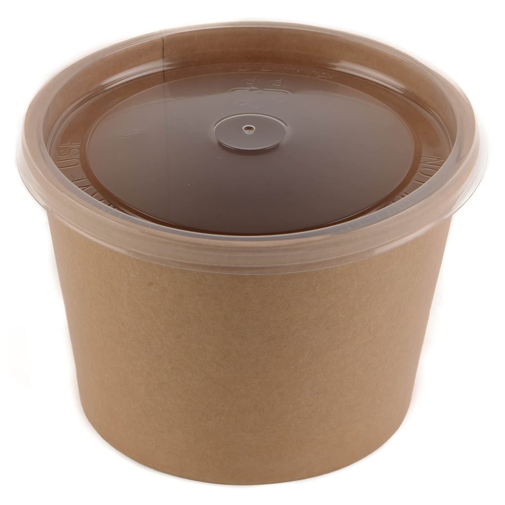 Disposable Kraft Paper Soup Containers with Plastic Lids - Paper Ice Cream Cups - Dessert Bowls , Frozen Yogurt Cups - Food Storage Containers, Microwavable and Freezer Safe Take Out (16oz, 150)