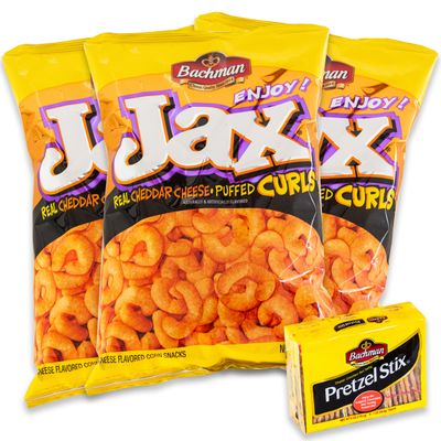 Bachman Jax Real Cheddar Cheese Puffed Curls (3, 9oz bags) Variety Pack- Super Cheesy and Delicious Bachman Pretzel Stix (6, 1oz trays) - 4 Items Total