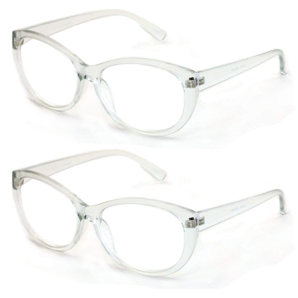 2 Pairs Deluxe Women Reading glasses - Magnified Readers Cateye Vintage Jackie Oval (2 Clear, 1.00)