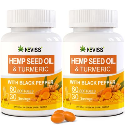 2 Pack Hmp Oil Capsules with Turmeric - Organic Hmp Seed Oil Pills with Turmeric Curcumin, Black Pepper - Vegan Omega 3 & 6 Supplement - Extra Strength & Absorption - 120 Softgels