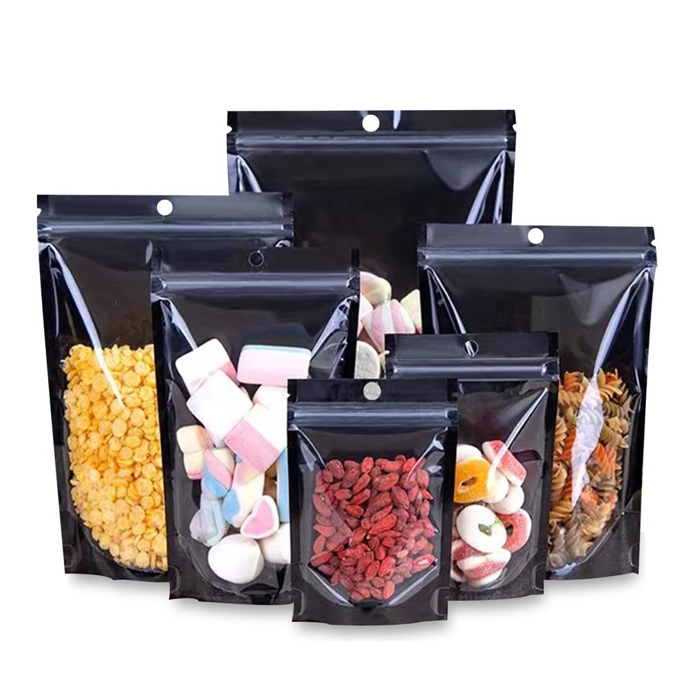 100 Pack Mylar Bags Smell Proof Bags, Resealable Stand Up Food Storage Bags Packaging Foil Pouch Bag with Clear Front Window for Cookies, Snack, Jewelry (6.3x9.4+3.15inch)