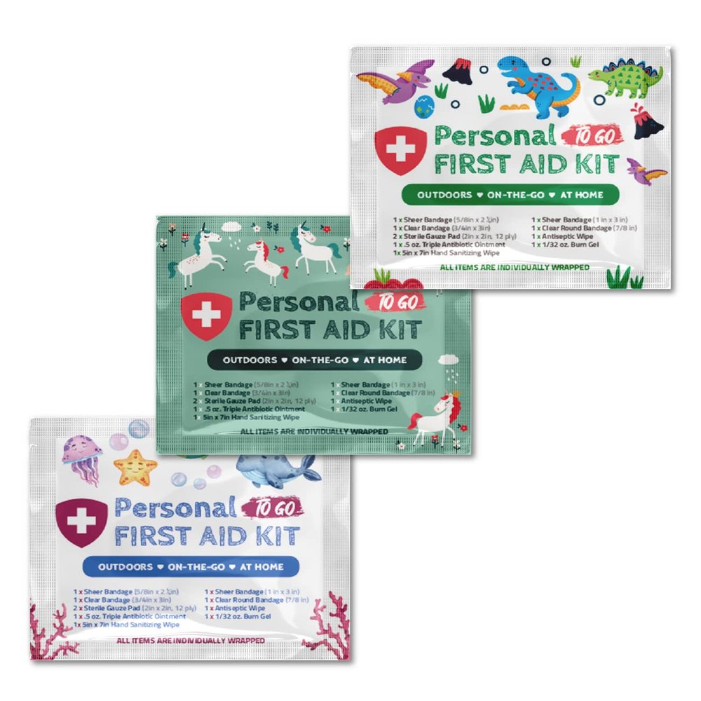 3 x Portable Travel Size First Aid Kit | Perfect for Home, Office, Car, School, Business, Travel, Hiking, Hunting, and Outdoors | Individually Wrapped (Under The Sea/Unicorns/Dinosaurs)