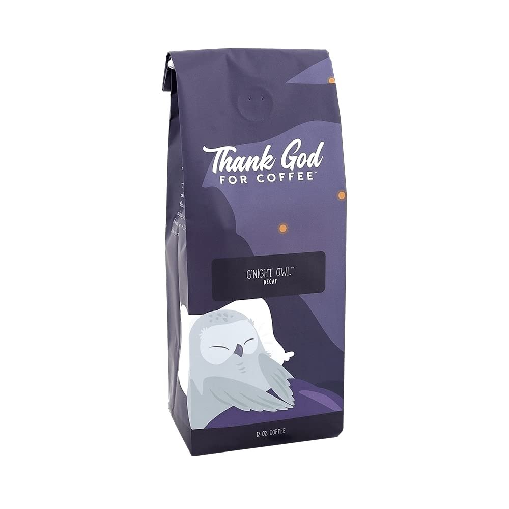 Thank God For Coffee Goodnight Night Owl Decaf Ground Coffee 12oz, Dark Roast, Single Origin Colombian, Robust Smoky Cup