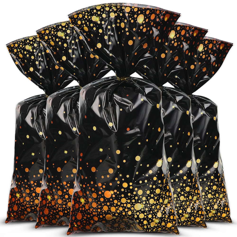 100 Pieces Black and Gold Cellophane Bags 10.8 x 5 inch Plastic Party Treat Bags Candy Goody Treat Bag with 100 Gold Twist Ties for Back to School Graduation Birthday Wedding Retirement Party Supplies