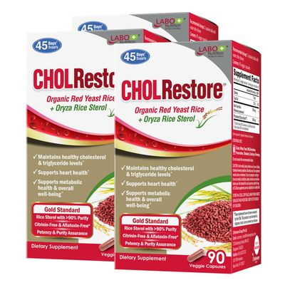 LABO Nutrition CHOLRestore Red Yeast Rice with Phytosterol Health Supplement, Supports Healthy Cholesterol Levels, Citrinin & Aflatoxin Free, 90 Vege Capsules 3x3