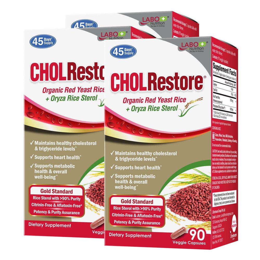 LABO Nutrition CHOLRestore  Red Yeast Rice with Phytosterol Health Supplement, Supports Healthy Cholesterol Levels, Citrinin & Aflatoxin Free, 90 Vege Capsules 3x3