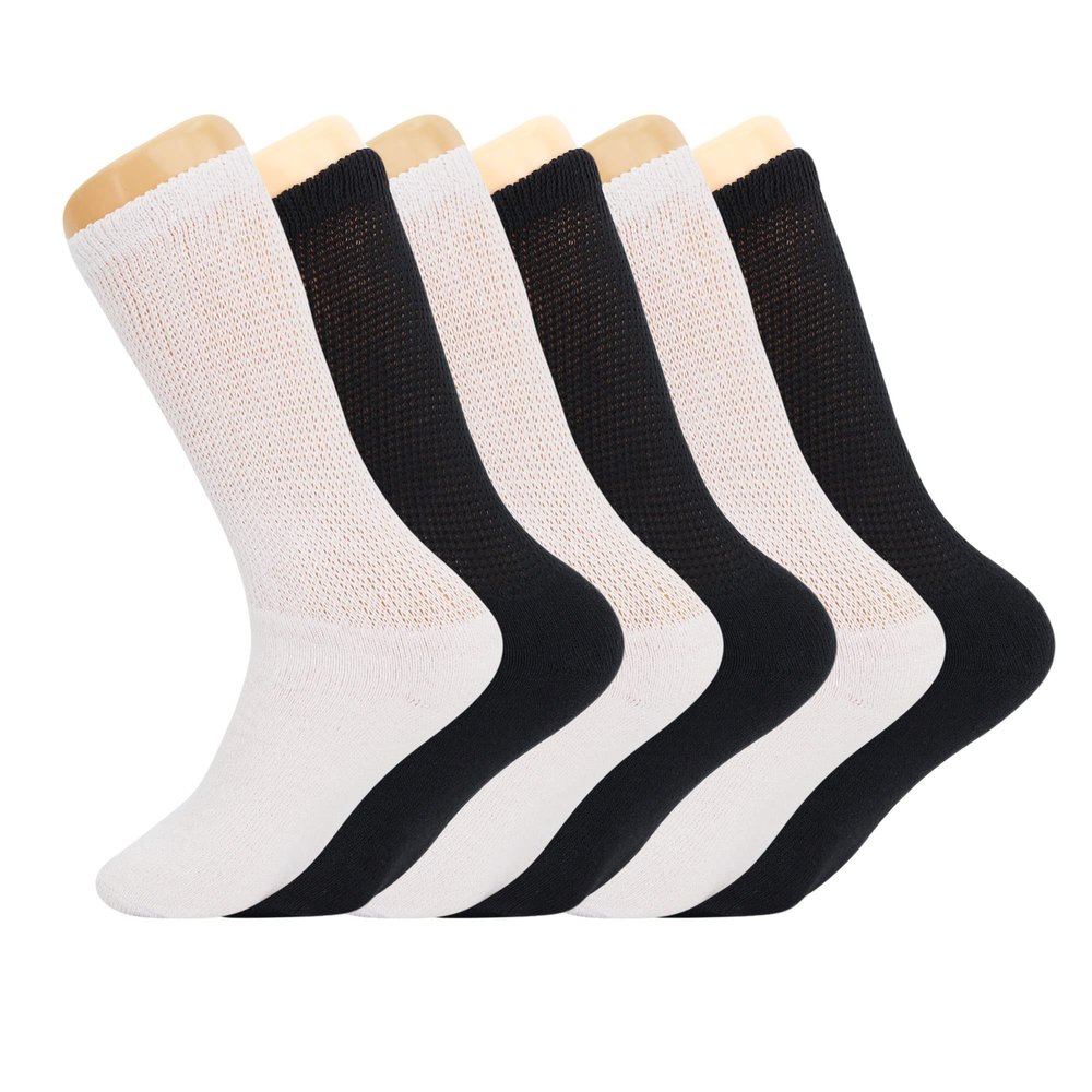 AWS/American Made Diabetic Crew Socks for Men Seamless Loose Fit Socks with Non Binding Top (White, 3 Pairs - Black, 3 Pairs, Socks Size 10-13)