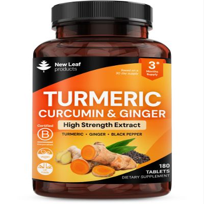 Turmeric Tablets with Black Pepper & Ginger - Curcumin - 180 Turmeric and Black Pepper Tablets (3 Month) High Strength Active Turmeric Supplements Not Capsules, by New Leaf