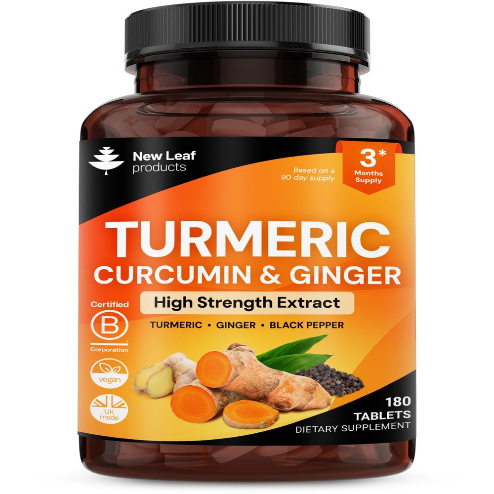 Turmeric Tablets with Black Pepper & Ginger - Curcumin - 180 Turmeric and Black Pepper Tablets (3 Month) High Strength Active Turmeric Supplements Not Capsules, by New Leaf