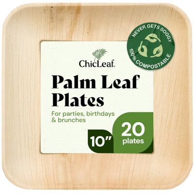 Chic Leaf Palm Leaf Disposable Bamboo Plates Square, Biodegradable & Compostable Party Plates for Weddings, Parties & Events, Rustic Table Setting (10", 20 Pack)