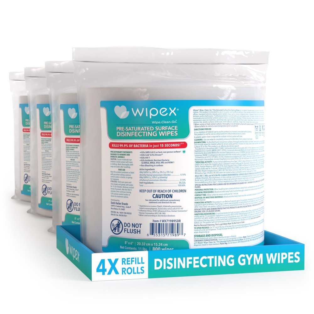 Wipex Disinfecting Surface Wipes - EPA Registered Gym Equipment Cleaner Refills, Safely Kill Germs in 15 Seconds, 800ct Gym Sanitizing Wipes for Wall, Free Standing dispensers, Pack of 4 (3200 Wipes)